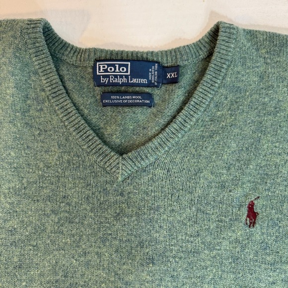 Ralph Lauren Men's 2XL Sweater Preppy V-neck Lambs Wool Pony green‎ Jumper EUC - Picture 2 of 13